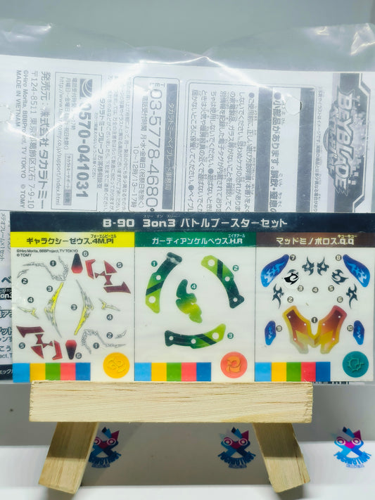 B-90 - 3on3 Battle Booster Set Contents
Galaxy Zeus 4Meteor Planet
Guardian Kerbeus Heavy Revolve
Mad Minoboros Quarter Quake  Stickers